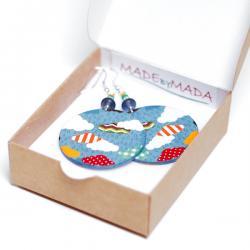 Funky Clouds Earrings blue dangle Round decoupage Jewelry 