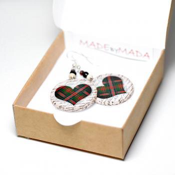 Plaid Hearts dangle Earrings Christmas Jewelry red green- decoupage earrings - double faced - size 3cm Ø